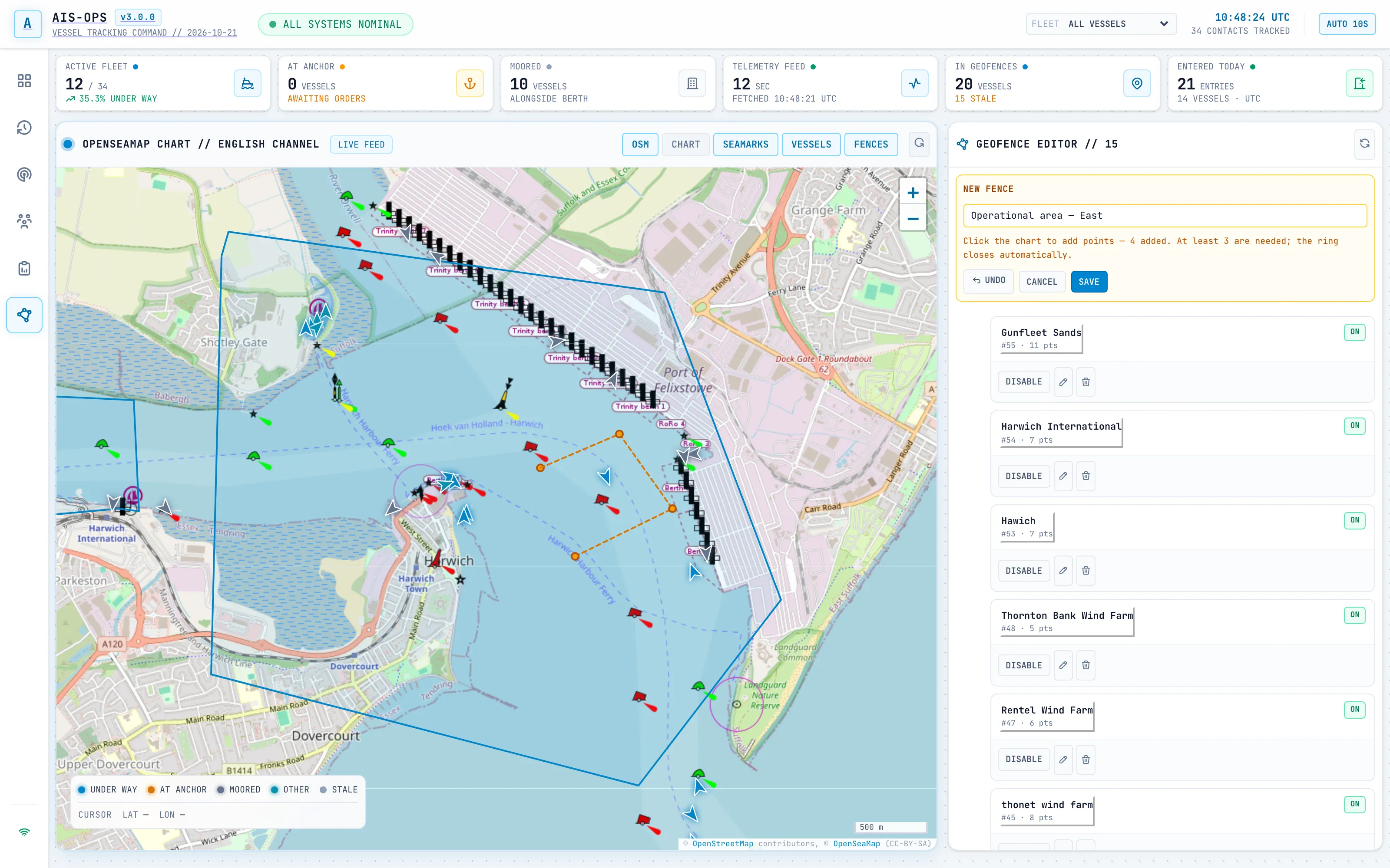 Geofence editor alongside the live chart, drawing a custom monitoring zone.