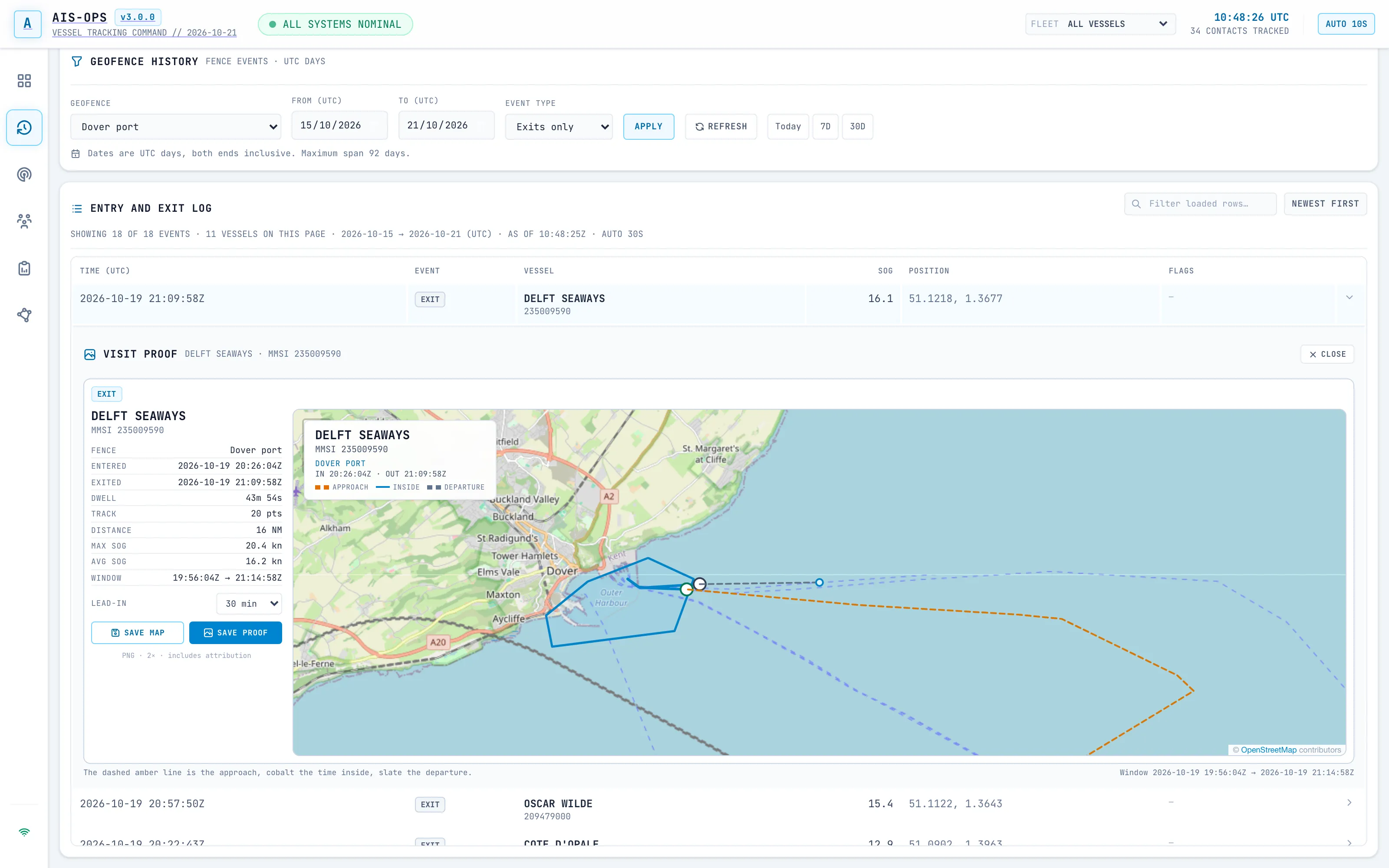 Visit proof map showing a vessel’s approach, time inside the zone and departure with entry and exit markers.