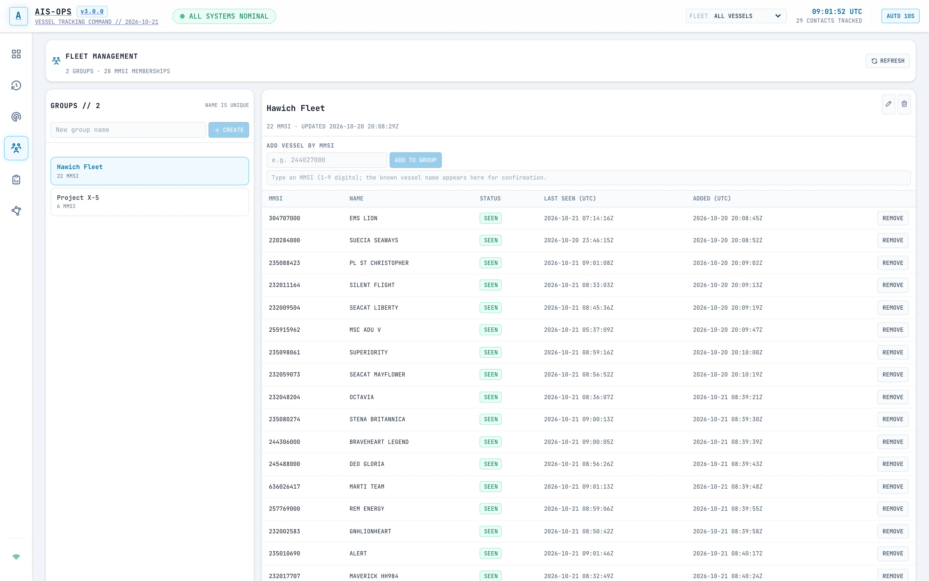 Fleet management view showing custom vessel groups and member vessels.
