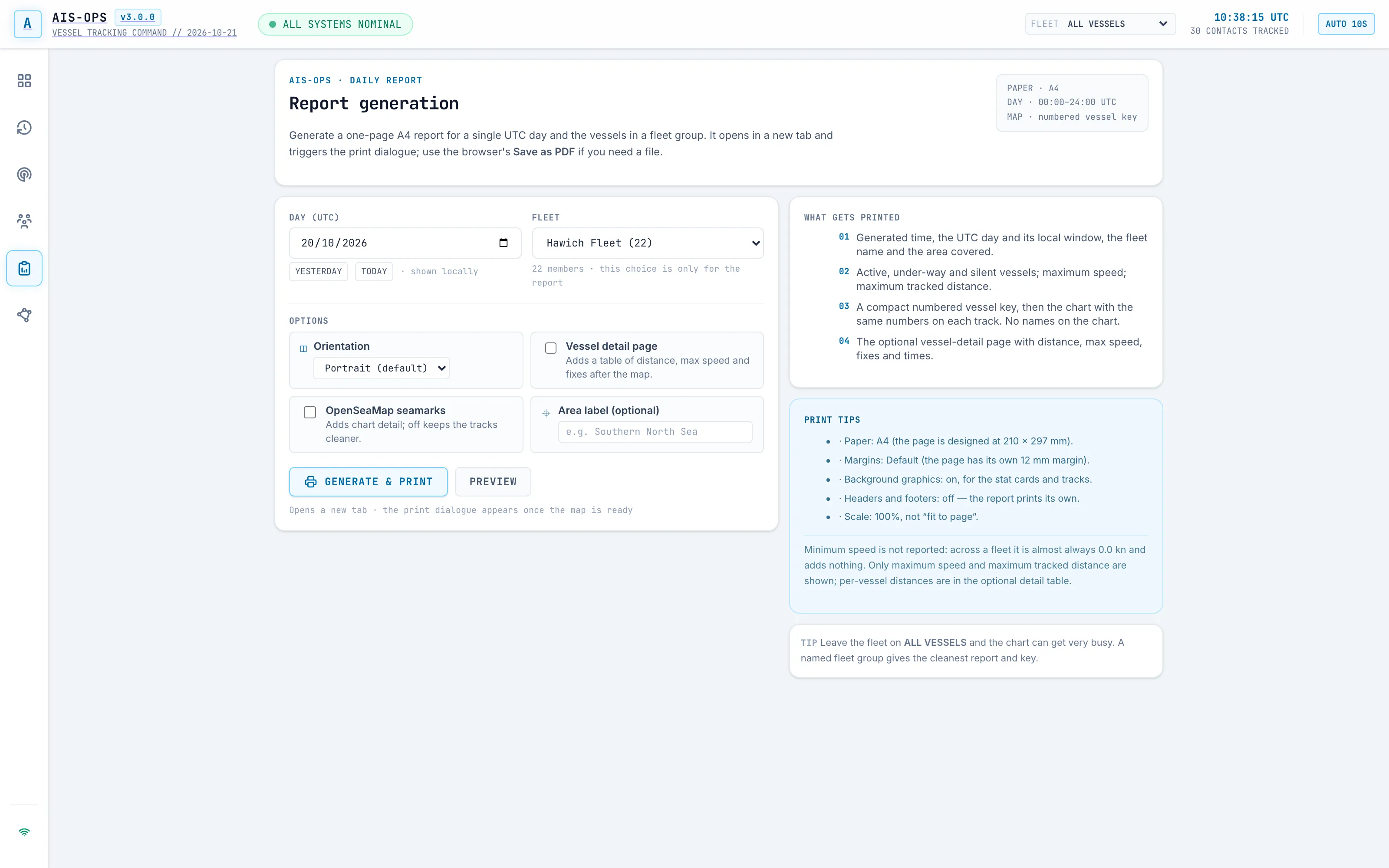 Daily report builder with date selection, fleet filter and page layout options.